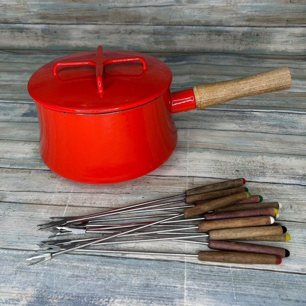 Dansk Kobenstyle Red Enamel Fondue or Sauce Pan Wood Handle Skewers